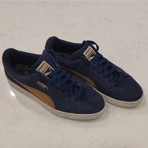 Tan and blue suede Puma sneakers. Men's size 10.5